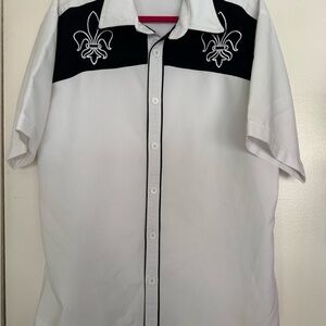 EUC Mens Focus White Le Flur De Lis Button Up Y2K Club Rave Shirt Size Large
